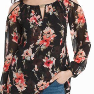 WHBM Black Floral Cold Shoulder Long Sleeve Hi-Lo Tunic